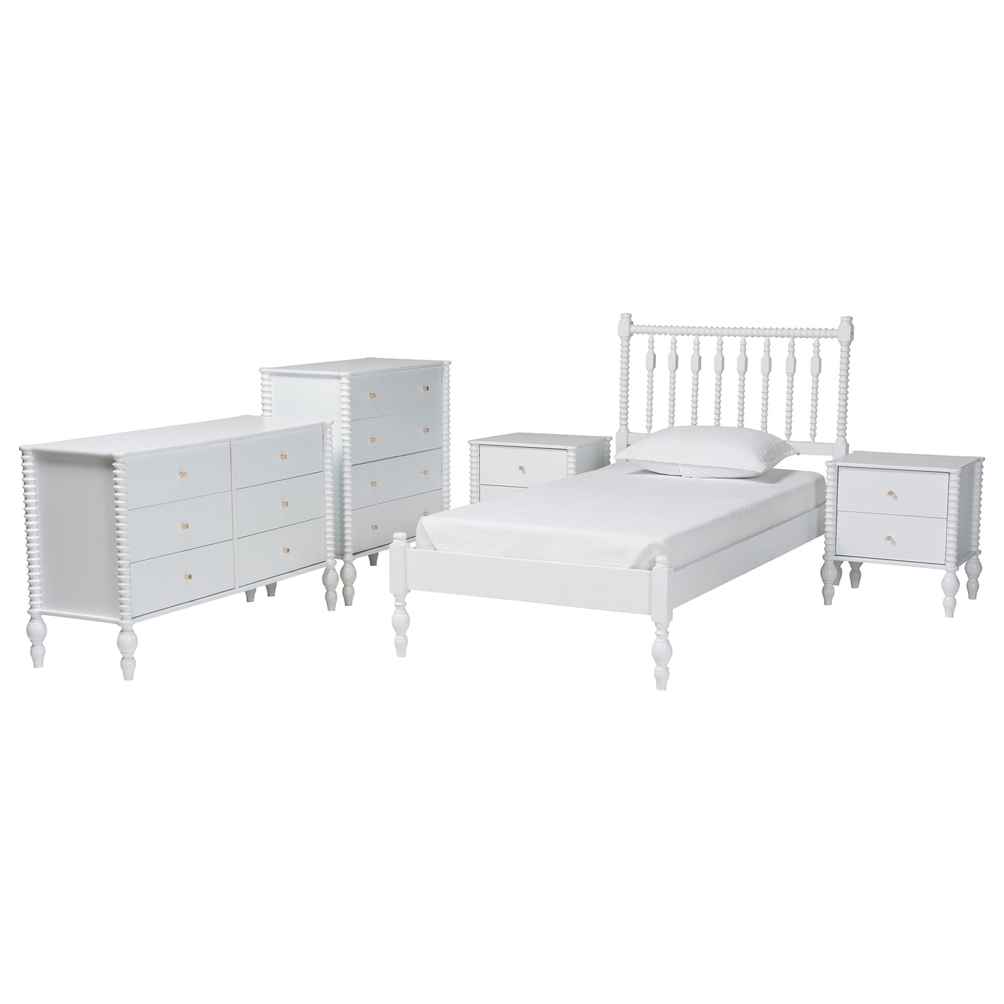 Baxton Studio Callison Spindle 5-Piece Bedroom Set - Farmhouse Platform Bed with Matching Dresser, Chest, and 2-Drawer Nightstands, White, Twin